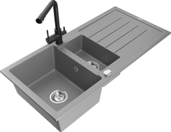 Mexen Andres granite kitchen sink 1.5-bowl with drainer and Duero kitchen faucet, gray - 6515-71-671600-70