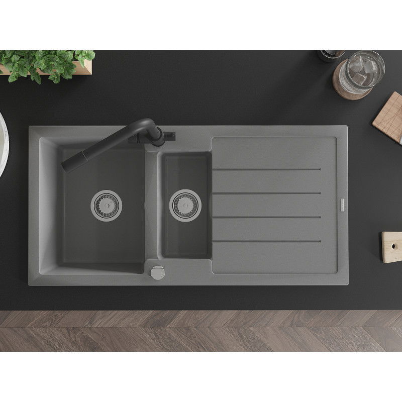 Mexen Andres granite sink 1.5-bowl with drainer and Duero kitchen tap, grey - 6515-71-671600-70