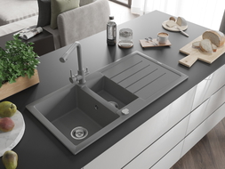 Mexen Andres granite sink 1.5-bowl with drainer and kitchen faucet Duero, gray - 6515-71-671600-71
