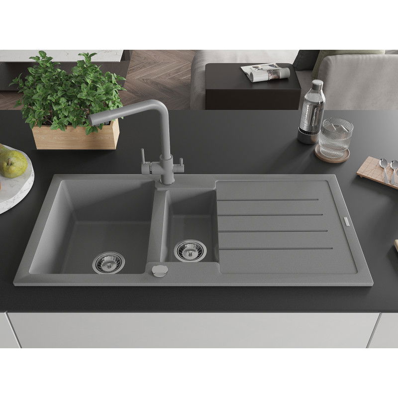 Mexen Andres 1.5-bowl granite sink with drainer and Duero kitchen tap, grey - 6515-71-671600-71