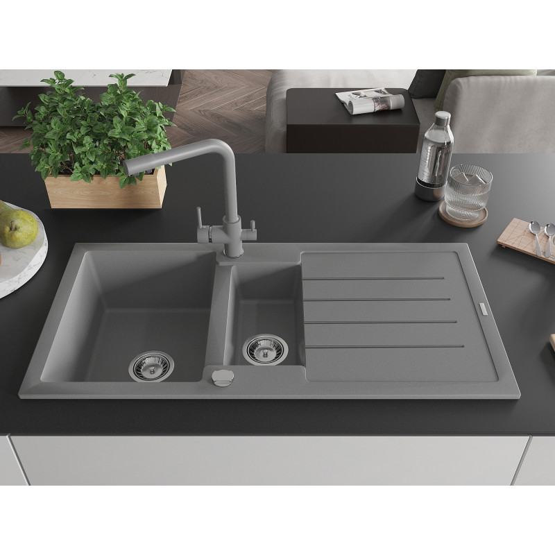 Mexen Andres granite sink 1.5-bowl with drainer and kitchen faucet Duero, gray - 6515-71-671600-71