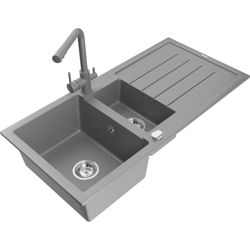 Mexen Andres 1.5-bowl granite sink with drainer and Duero kitchen faucet, gray - 6515-71-671600-71