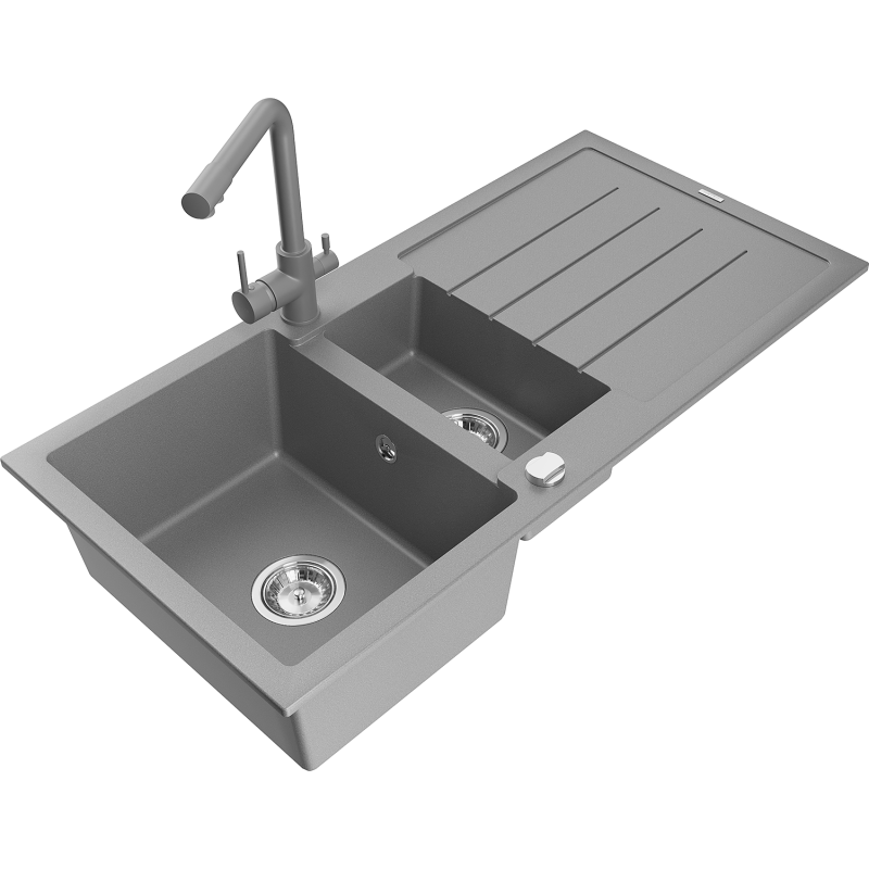 Mexen Andres 1.5-bowl granite sink with drainer and Duero kitchen tap, grey - 6515-71-671600-71