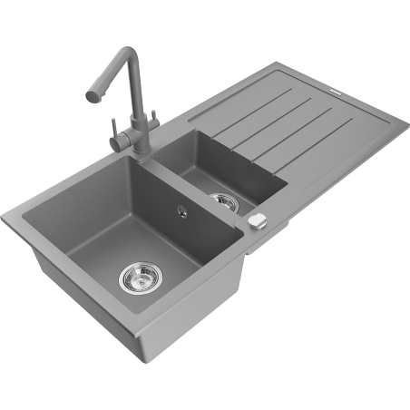 Mexen Andres 1.5-bowl granite sink with drainer and Duero kitchen faucet, gray - 6515-71-671600-71