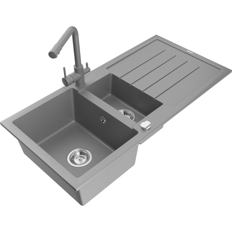 Mexen Andres granite sink 1.5-bowl with drainer and kitchen faucet Duero, gray - 6515-71-671600-71