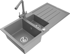 Mexen Andres granite sink 1.5-bowl with drainer and kitchen faucet Duero, gray - 6515-71-671600-71