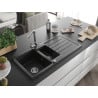 Mexen Andres granite sink 1.5-bowl with drainer and Duero kitchen faucet, black/silver - 6515-73-671600-00