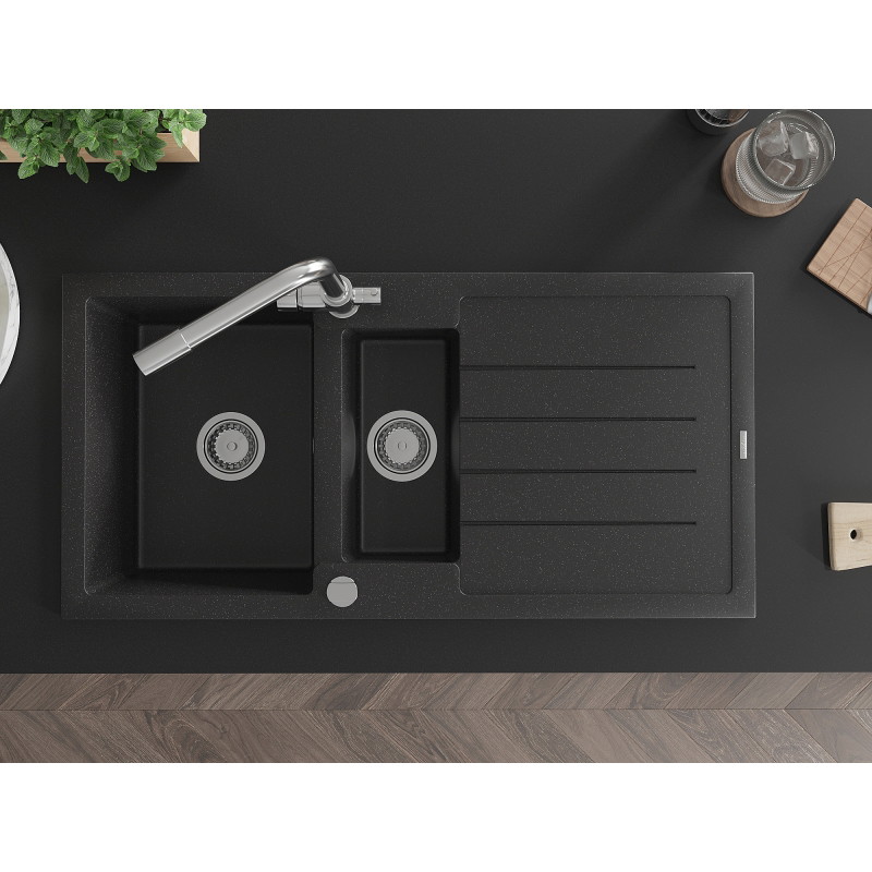 Mexen Andres granite sink 1.5-bowl with drainer and kitchen faucet Duero, black/silver - 6515-73-671600-00