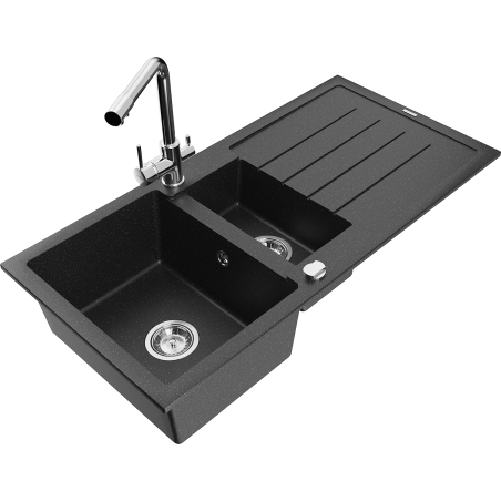 Mexen Andres granite sink 1.5-bowl with drainer and Duero kitchen faucet, black/silver - 6515-73-671600-00