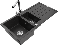 Mexen Andres 1.5-compartment granite sink with a drip tray and kitchen mixer tap Duero, Black/Silver - 6515-73-671600-00