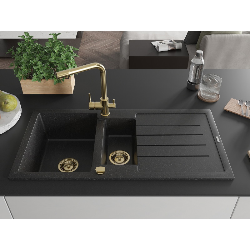 Mexen Andres granite sink 1.5-bowl with drainer and Duero kitchen faucet, black/silver - 6515-73-671600-50