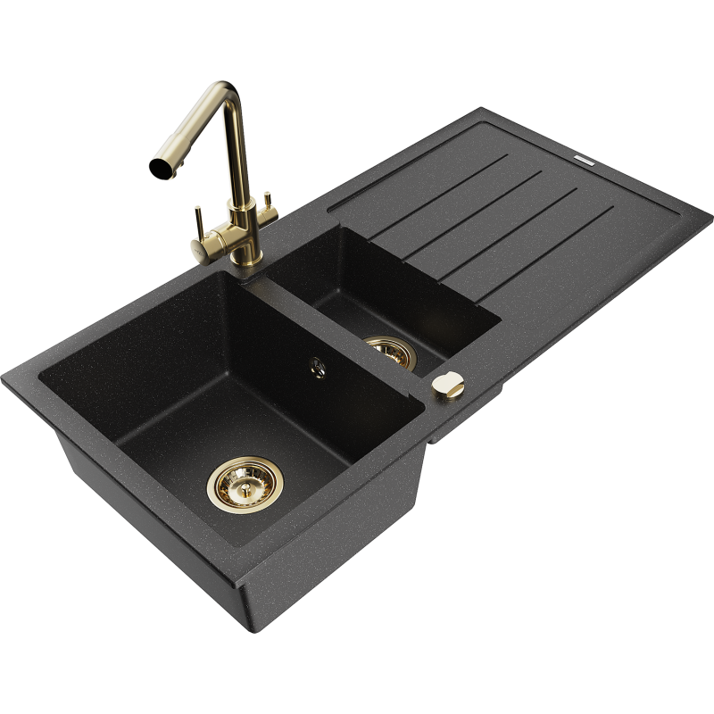 Mexen Andres granite sink 1.5-bowl with drainer and Duero kitchen tap, black/silver - 6515-73-671600-50
