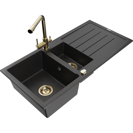 Mexen Andres granite sink 1.5-bowl with drainer and Duero kitchen faucet, black/silver - 6515-73-671600-50