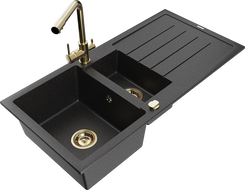 Mexen Andres 1.5-compartment granite sink with a drip tray and kitchen mixer tap Duero, Black/Silver - 6515-73-671600-50