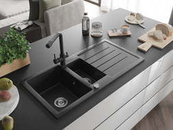 Mexen Andres 1.5-bowl granite sink with drainer and Duero kitchen faucet, black/silver - 6515-73-671600-70