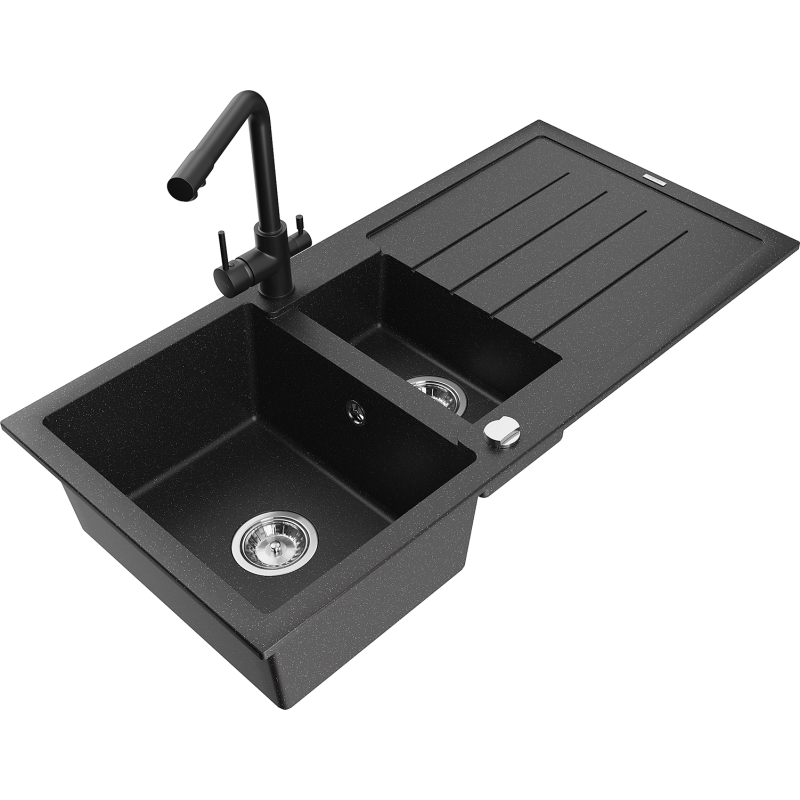 Mexen Andres 1.5-compartment granite sink with a drip tray and kitchen mixer tap Duero, Black/Silver - 6515-73-671600-70