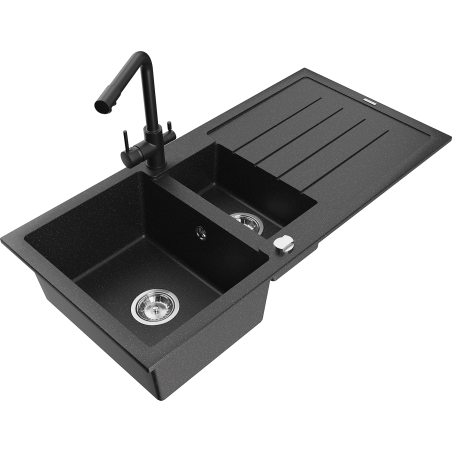Mexen Andres 1.5-bowl granite sink with drainer and Duero kitchen faucet, black/silver - 6515-73-671600-70