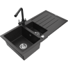 Mexen Andres 1.5-bowl granite sink with drainer and Duero kitchen faucet, black/silver - 6515-73-671600-70
