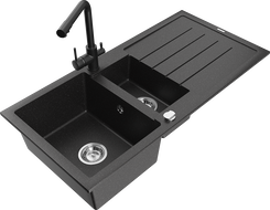 Mexen Andres 1.5-compartment granite sink with a drip tray and kitchen mixer tap Duero, Black/Silver - 6515-73-671600-70