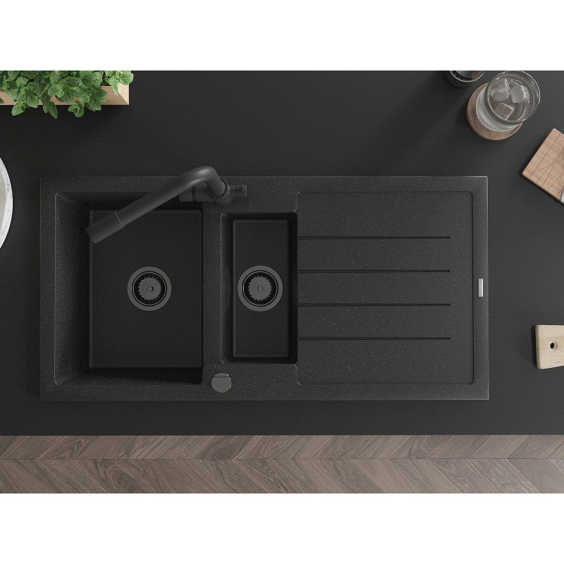 Mexen Andres granite sink 1.5-bowl with drainer and Duero kitchen tap, black/silver - 6515-73-671600-70-B
