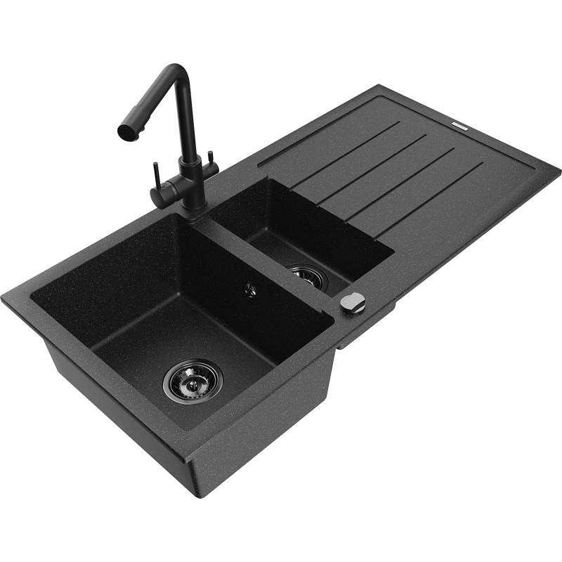 Mexen Andres granite sink 1.5-bowl with drainer and kitchen faucet Duero, black/silver - 6515-73-671600-70-B