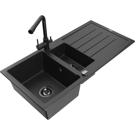 Mexen Andres 1.5-compartment granite sink with a drip tray and kitchen mixer tap Duero, Black/Silver - 6515-73-671600-70-B
