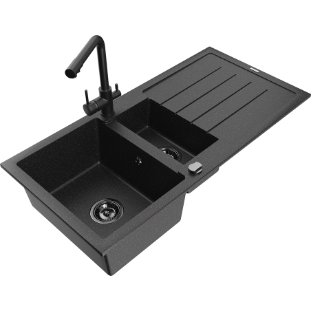Mexen Andres granite sink 1.5-bowl with drainer and Duero kitchen faucet, black/silver - 6515-73-671600-70-B