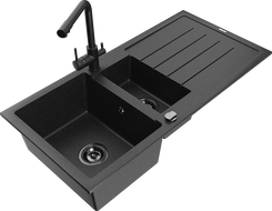 Mexen Andres 1.5-compartment granite sink with a drip tray and kitchen mixer tap Duero, Black/Silver - 6515-73-671600-70-B