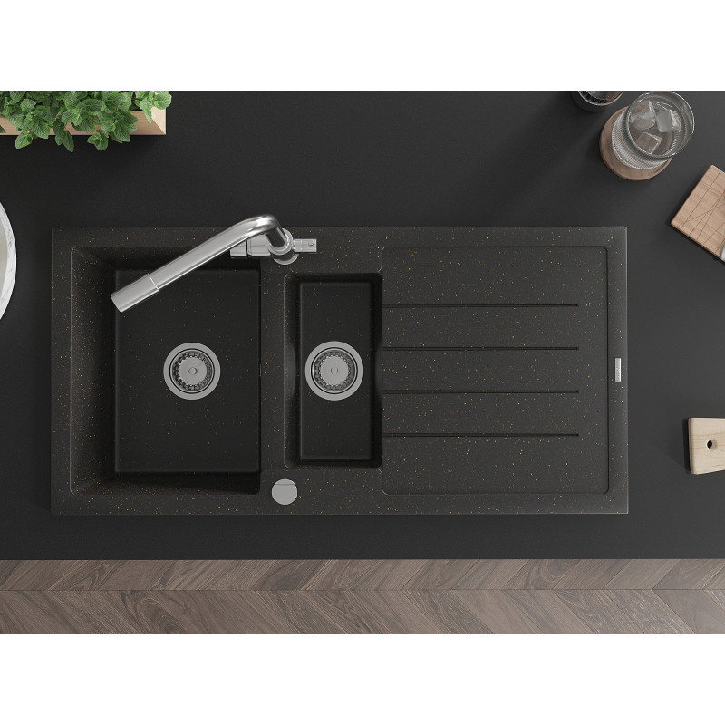 Mexen Andres granite kitchen sink 1.5-bowl with drainer and Duero kitchen faucet, black/gold - 6515-75-671600-00