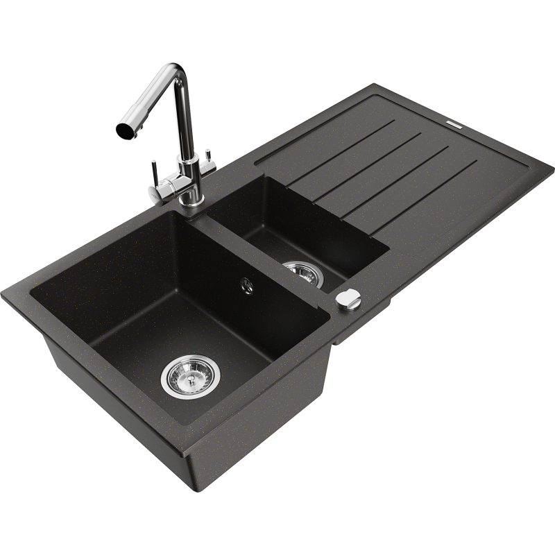 Mexen Andres 1.5-compartment granite sink with a drip tray and kitchen mixer tap Duero, Black/Gold - 6515-75-671600-00