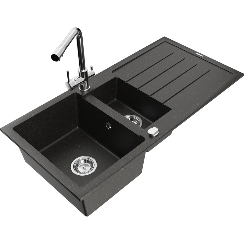 Mexen Andres granite sink 1.5-bowl with drainer and Duero kitchen faucet, black/gold - 6515-75-671600-00