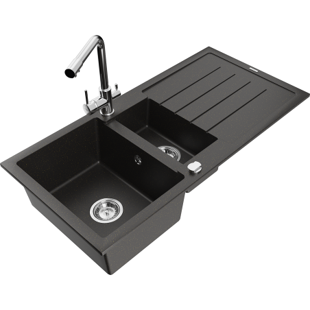 Mexen Andres 1.5-compartment granite sink with a drip tray and kitchen mixer tap Duero, Black/Gold - 6515-75-671600-00