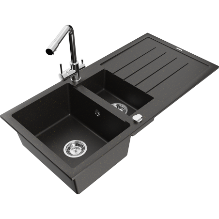 Mexen Andres granite sink 1.5-bowl with drainer and Duero kitchen faucet, black/gold - 6515-75-671600-00