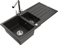 Mexen Andres 1.5-compartment granite sink with a drip tray and kitchen mixer tap Duero, Black/Gold - 6515-75-671600-00