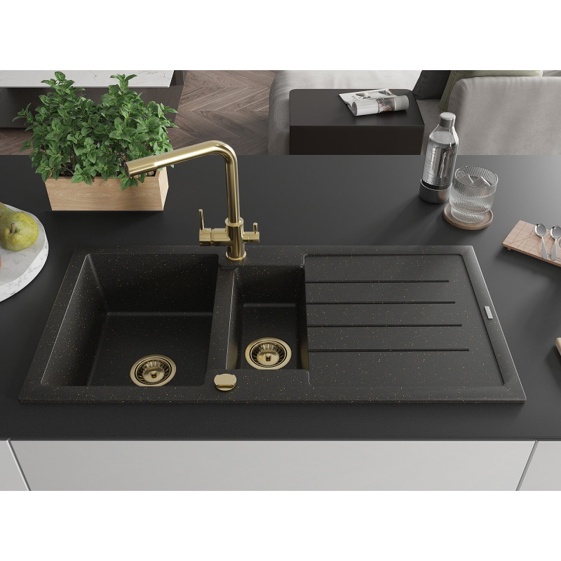 Mexen Andres 1.5-bowl granite sink with drainer and Duero kitchen faucet, black/gold - 6515-75-671600-50