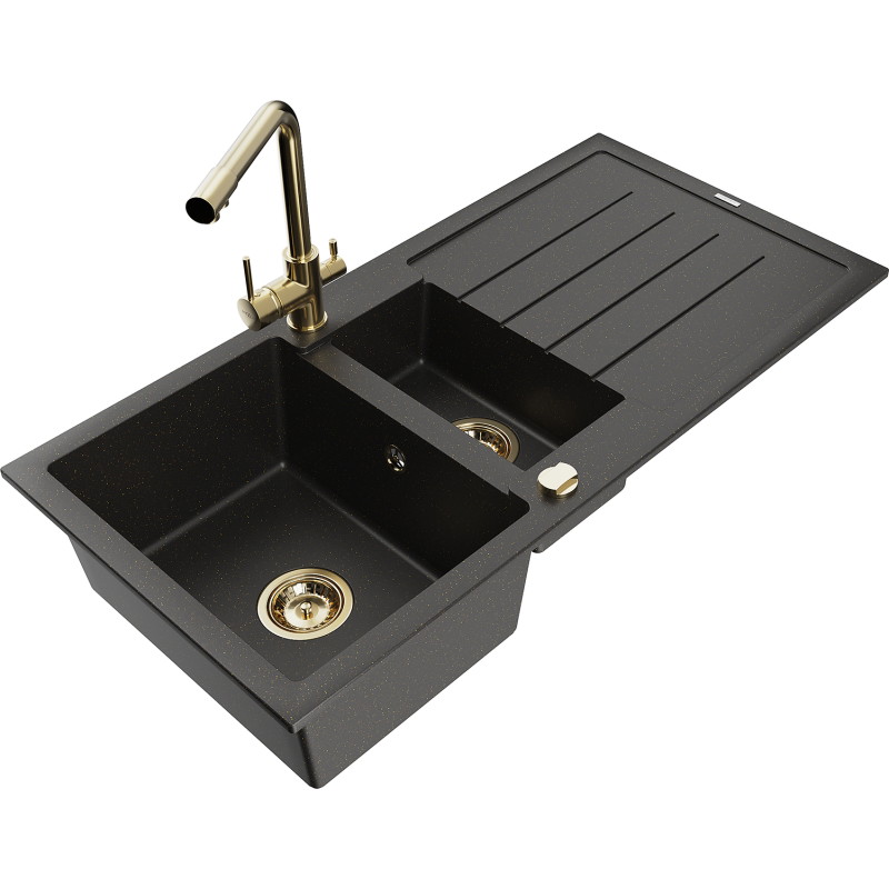 Mexen Andres 1.5-bowl granite sink with drainer and Duero kitchen faucet, black/gold - 6515-75-671600-50