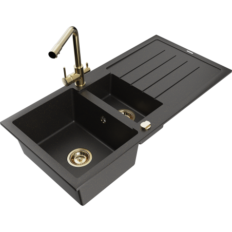 Mexen Andres 1.5-bowl granite sink with drainer and Duero kitchen faucet, black/gold - 6515-75-671600-50