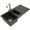 Mexen Andres 1.5-bowl granite sink with drainer and Duero kitchen faucet, black/gold - 6515-75-671600-50