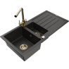 Mexen Andres granite sink 1.5-bowl with drainer and Duero kitchen faucet, black/gold - 6515-75-671600-50