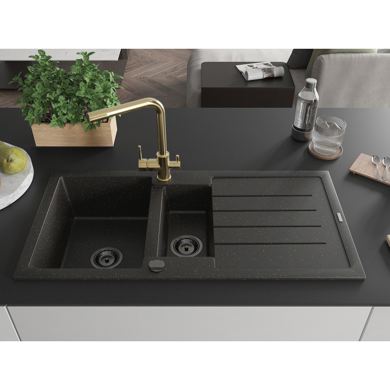 Mexen Andres 1.5-Bowl Granite Sink with Drainer and Duero Kitchen Faucet, Black/Gold - 6515-75-671600-50-B