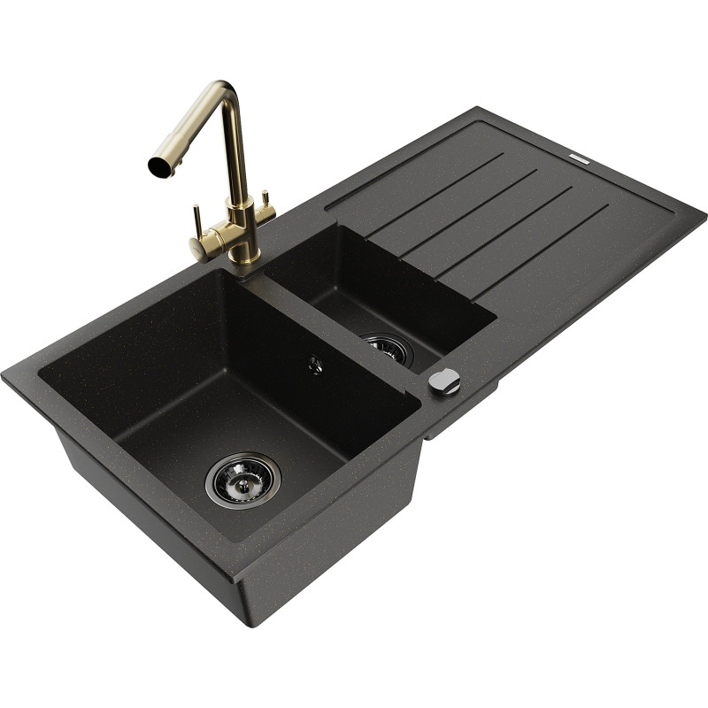 Mexen Andres 1.5-Bowl Granite Sink with Drainer and Duero Kitchen Faucet, Black/Gold - 6515-75-671600-50-B