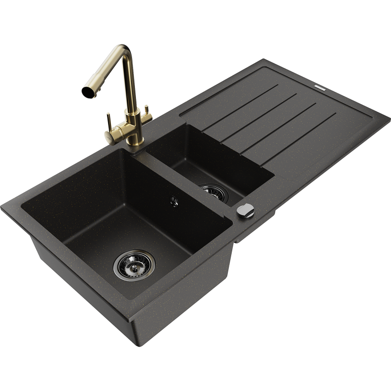 Mexen Andres 1.5-compartment granite sink with a drip tray and kitchen mixer tap Duero, Black/Gold - 6515-75-671600-50-B