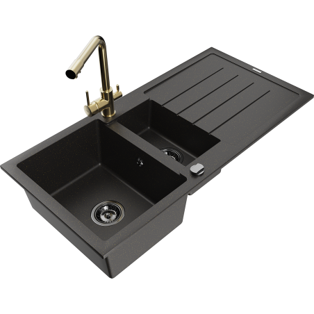 Mexen Andres 1.5-Bowl Granite Sink with Drainer and Duero Kitchen Faucet, Black/Gold - 6515-75-671600-50-B