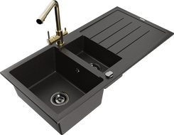 Mexen Andres 1.5-bowl granite sink with drainer and Duero kitchen tap, black/gold - 6515-75-671600-50-B