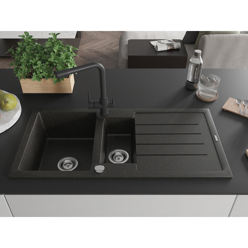 Mexen Andres granite kitchen sink 1.5-bowl with drainer and Duero faucet, black/gold - 6515-75-671600-70