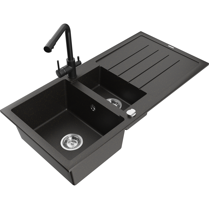 Mexen Andres 1.5-bowl granite sink with drainer and Duero kitchen tap, black/gold - 6515-75-671600-70