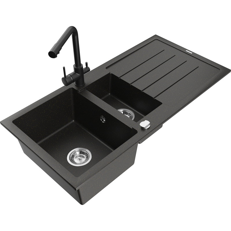 Mexen Andres granite kitchen sink 1.5-bowl with drainer and Duero faucet, black/gold - 6515-75-671600-70