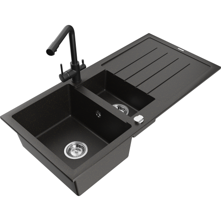 Mexen Andres 1.5-bowl granite sink with drainer and Duero kitchen tap, black/gold - 6515-75-671600-70