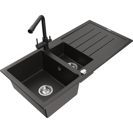 Mexen Andres granite kitchen sink 1.5-bowl with drainer and Duero faucet, black/gold - 6515-75-671600-70