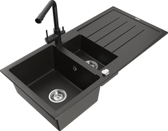 Mexen Andres 1.5-bowl granite sink with drainer and Duero kitchen tap, black/gold - 6515-75-671600-70
